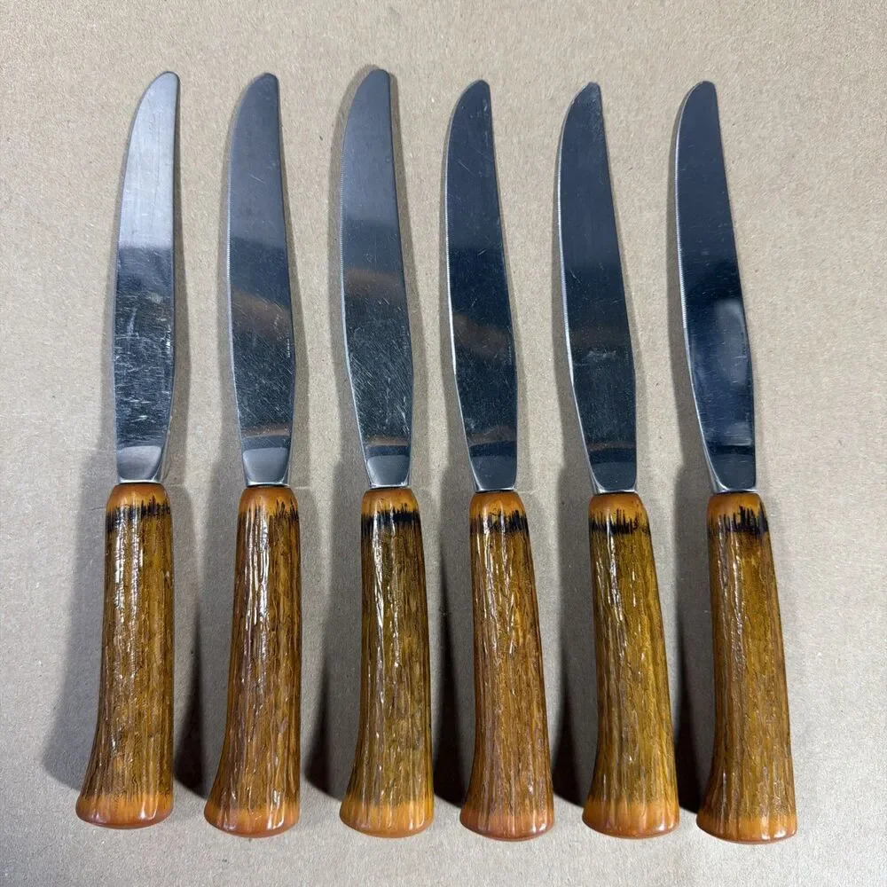 Vintage Set of 6 Hull Stainless Steel Handle Kitchen Serrated Knives